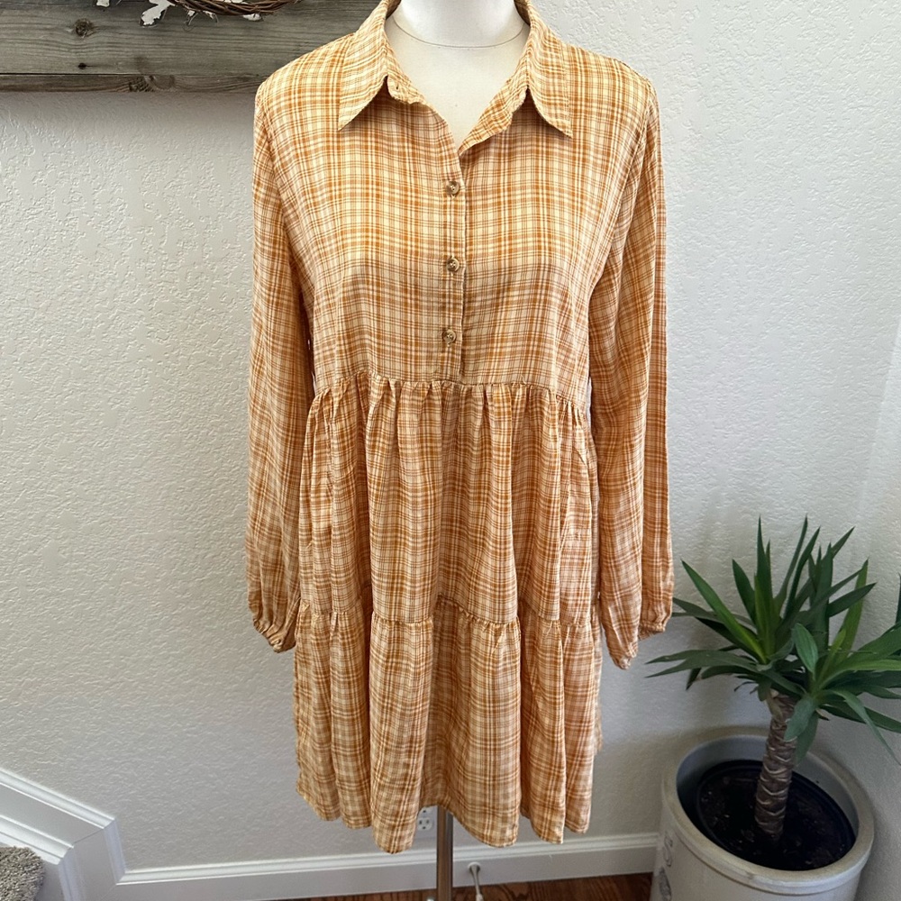 Easel boutique mustard plaid tiered babydoll dress tunic ladies size‎ M